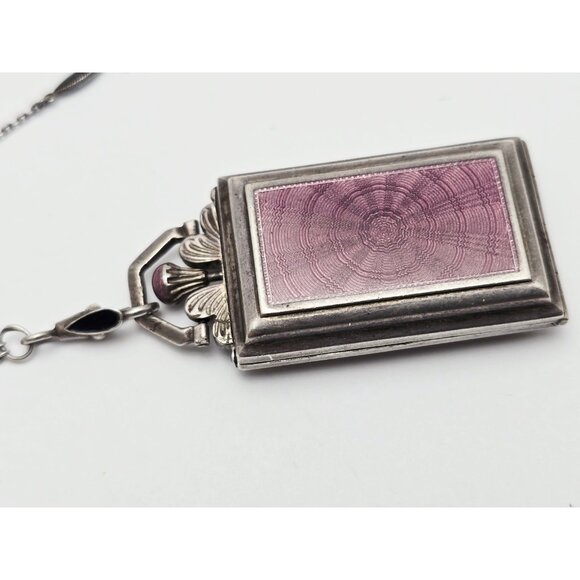 Vintage Art Deco Sterling Silver Black & Purple Enamel Pendant Watch Necklace - Picture 9 of 16